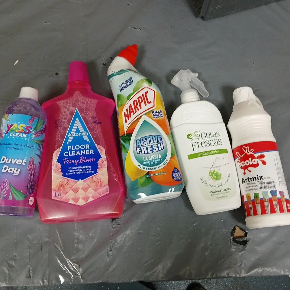 Assorted cleaning products in crate – floor cleaner, toilet cleaner & air fresheners