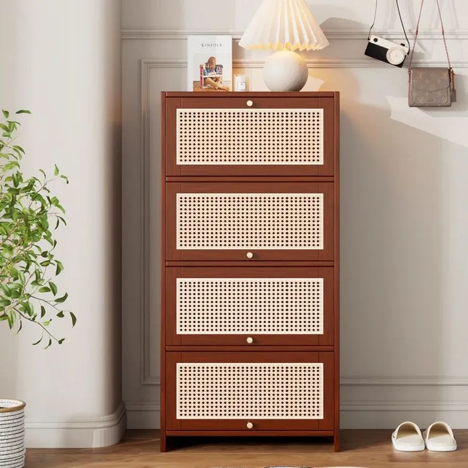 BOXED MODERN WALNUT RATTAN SHOE CABINET WITH 3 DOORS A 1 DRAWER (1 BOX)