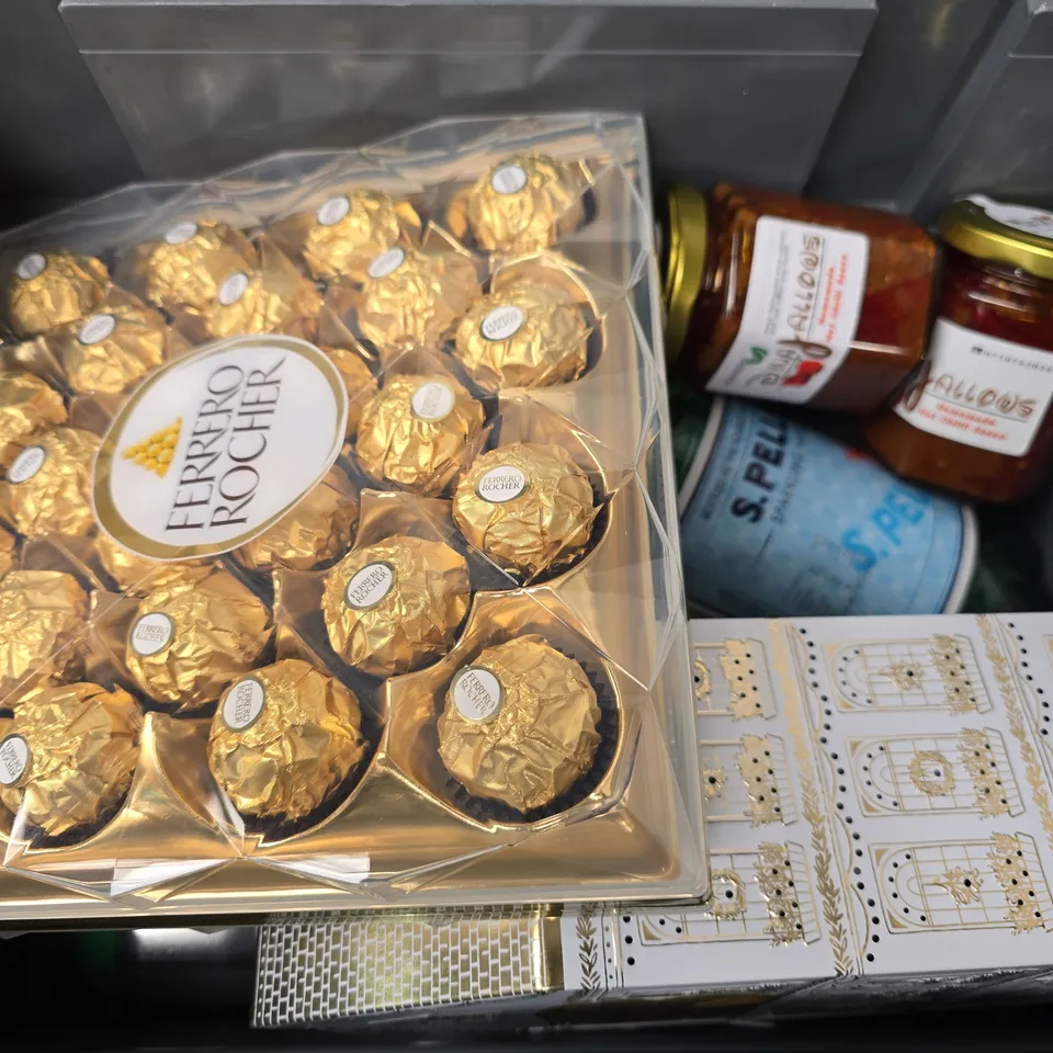 APPROXIMATELY 8 ASSORTED FOOD & DRINK ITEMS TO INCLUDE S.PELLEGRINO SPARKLING WATER, FERRERO ROCHER, BLACK MOUNTAIN HONEY, ETC - COLLECTION ONLY