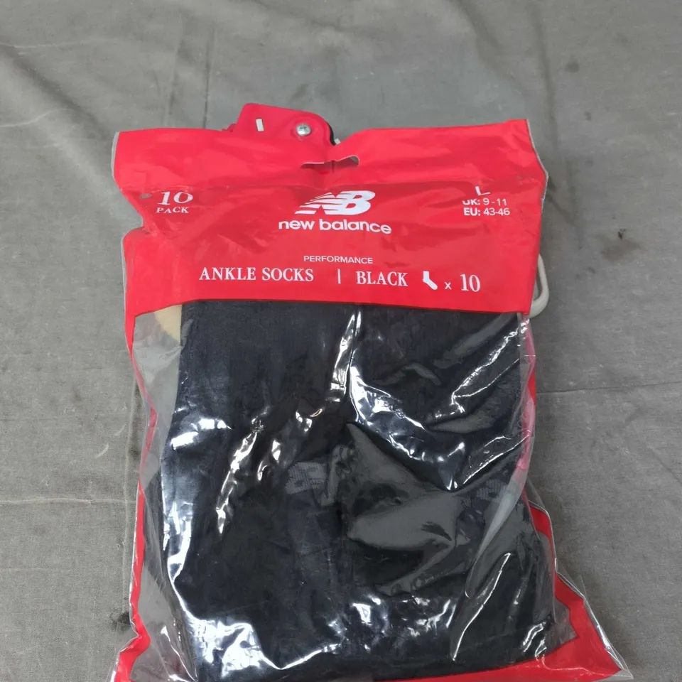 NEW BALANCE ANKLE SOCKS – BLACK, 10 PACK, UK 9–11