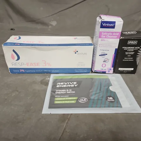BOX OF APPROXIMATELY 20 ASSORTED HEALTHCARE PRODUCTS TO INCLUDE REVIVE PATCHES - SALICYLIC ACID EAR CLEANSER FOR ANIMALS AND MULTI-VITAMINS