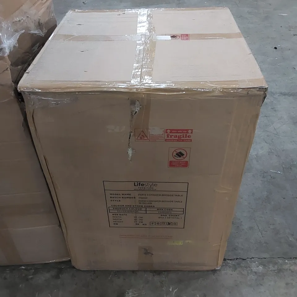 BOXED PARIS 3 DRAWER BEDSIDE TABLE (1 BOX)