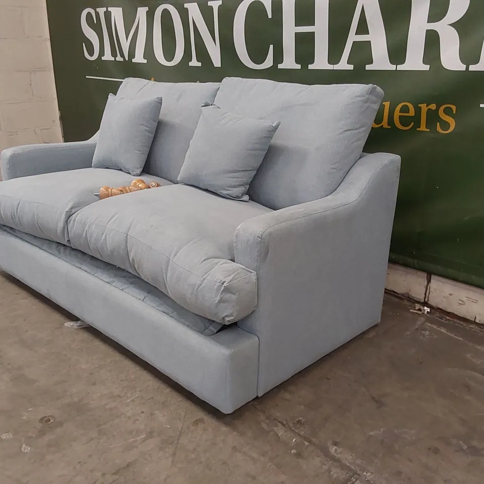 QUALITY DESIGNER 3 SEATER FABRIC UPHOLSTERED SOFA BED - SKY BLUE 