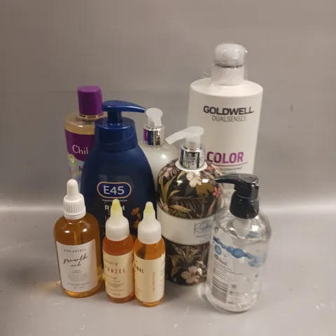 BOX OF APPROXIMATELY 15 COSMETIC ITEMS TO INCLUDE - AVA ESTELL HAIR GROWTH OIL 100ML, BAYLIS&HARDING LUXURY HANDWASH, GOLDWELL DUALSENSES BRILLIANCE COLOUR CONDITIONER ETC 
