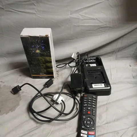 APPROXIMATELY 10 ASSORTED ELECTRICAL PRODUCTS TO INCLUDE PLUGS, STARBURST STAKE LIGHTS AND REMOTE CONTROL