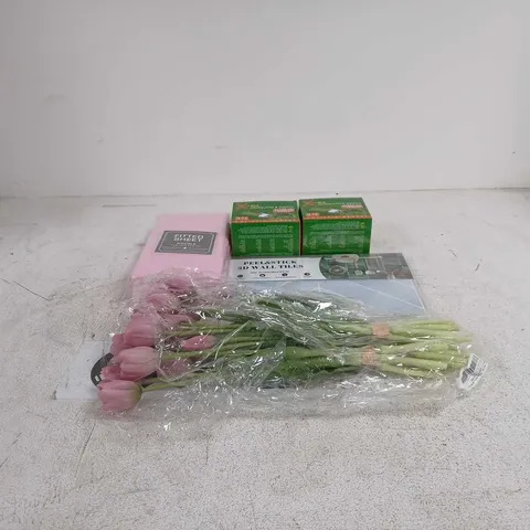 BOX OF APPROXIMATELY 20 ASSORTED ITEMS TO INCLUDE FITTED SHEET, MOSQUITO AND INSECT RELIEF PLUG IN, PEEL AND STICK WALL TILES, FLOWER DECORATIONS ETC