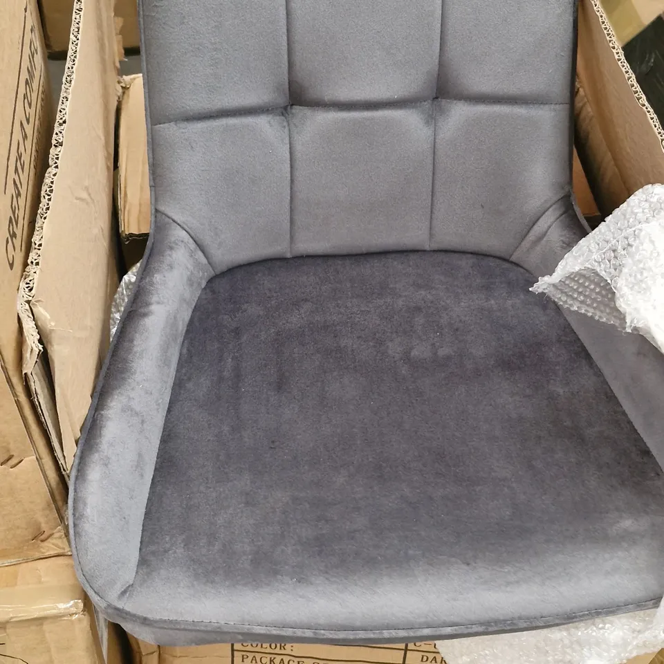 A BOXED PAIR OF DARK GREY SOFT VELVET UPHOLSTERED CHAIRS (1 BOX)