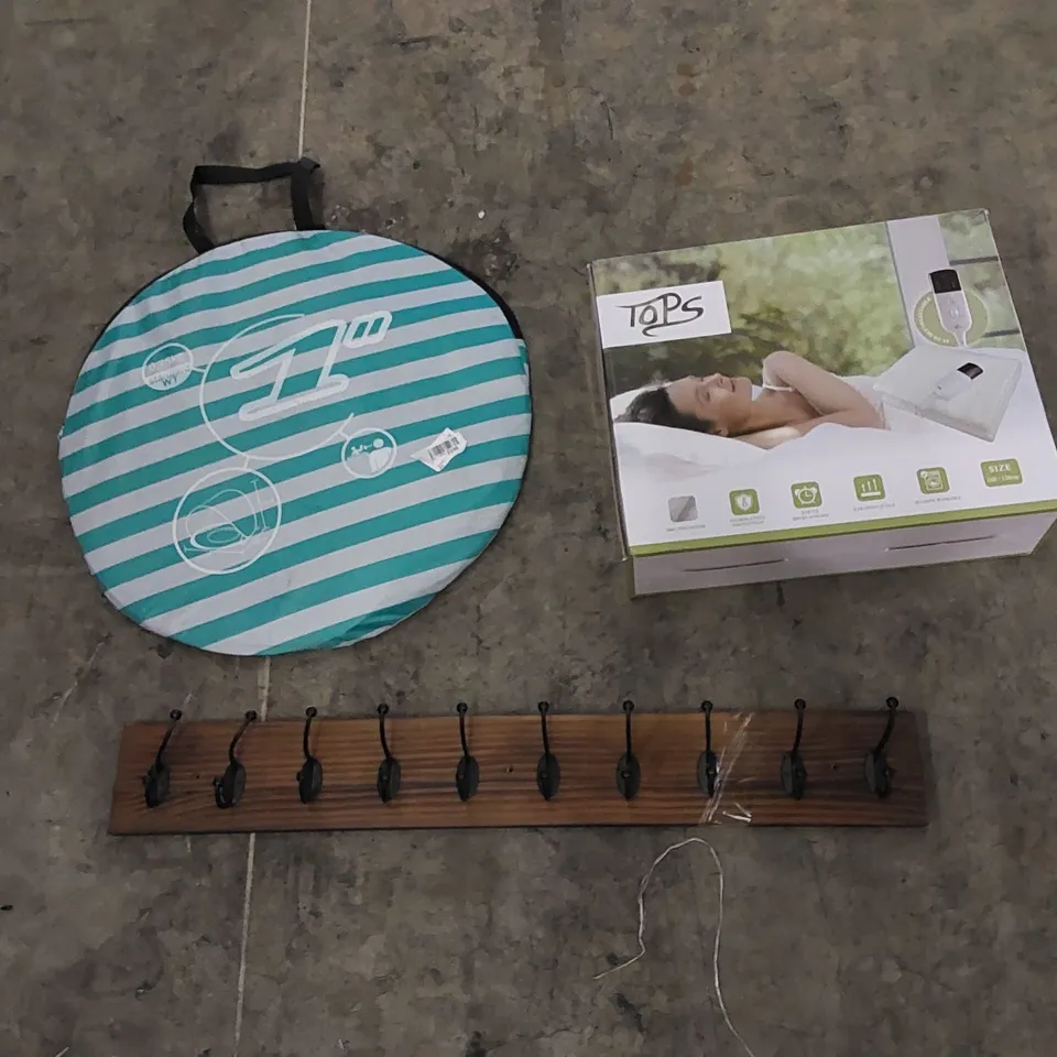 PALLET OF ASSORTED HOUSEHOLD ITEMS AND CONSUMER PRODUCTS. INCLUDES AIR FRYER, WALL HOOKS, ELECTRIC HEATED UNDERBLANKET ETC