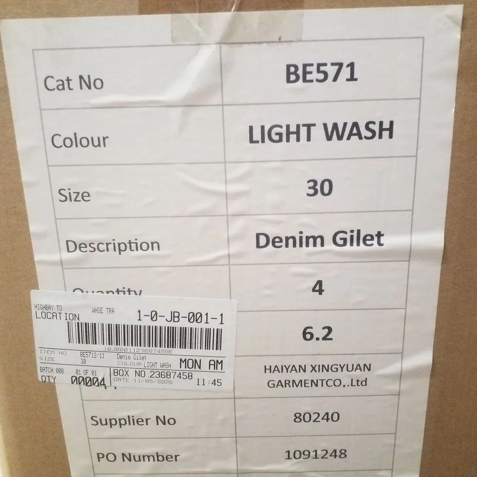 BOX CONTAINING APPROXIMATELY 4 BRAND NEW SIMPLY BE BLUE REGULAR SLEEVELESS DENIM GILETS - SIZE 30