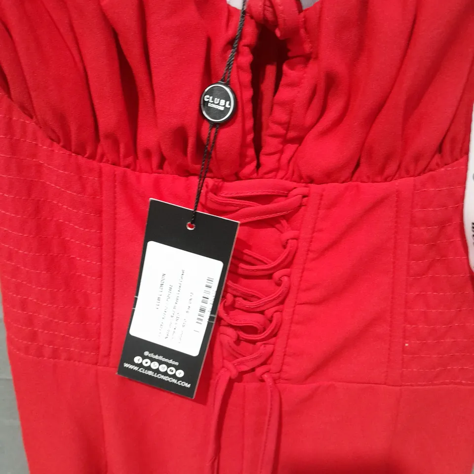 CLUB LONDON NEBBLOLO RED STRAPPY LACED CORSET JUMPSUIT IN RED - UK 10