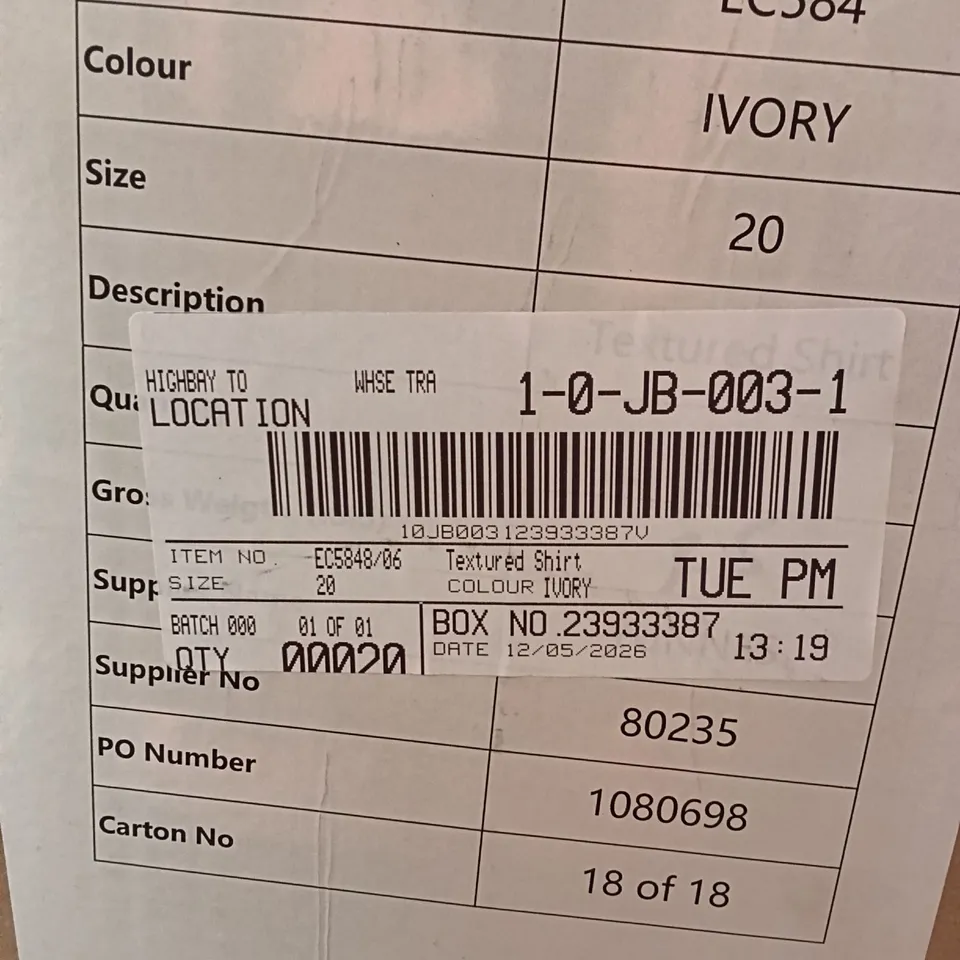 BOXED BRAND NEW APPROXIMATELY 20 JD WILLIAMS TEXTURED SHIRTS - IVORY, SIZE 20 (1 BOX)
