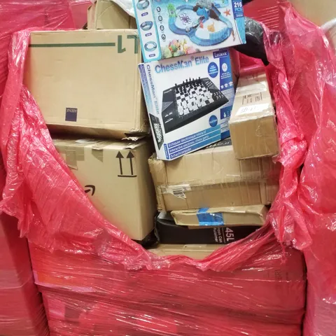 PALLET CONTAINING ASSORTED PRODUCTS INCLUDING SHARK TRACK CAR, INTERACTIVE ELECTRONIC CHESS GAME, 45L TRASH CAN & HAUCK STROLLER 