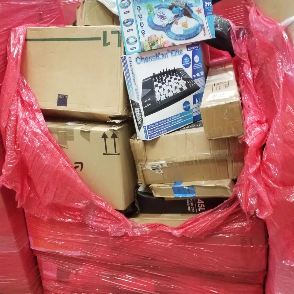 PALLET CONTAINING ASSORTED PRODUCTS INCLUDING SHARK TRACK CAR, INTERACTIVE ELECTRONIC CHESS GAME, 45L TRASH CAN & HAUCK STROLLER 
