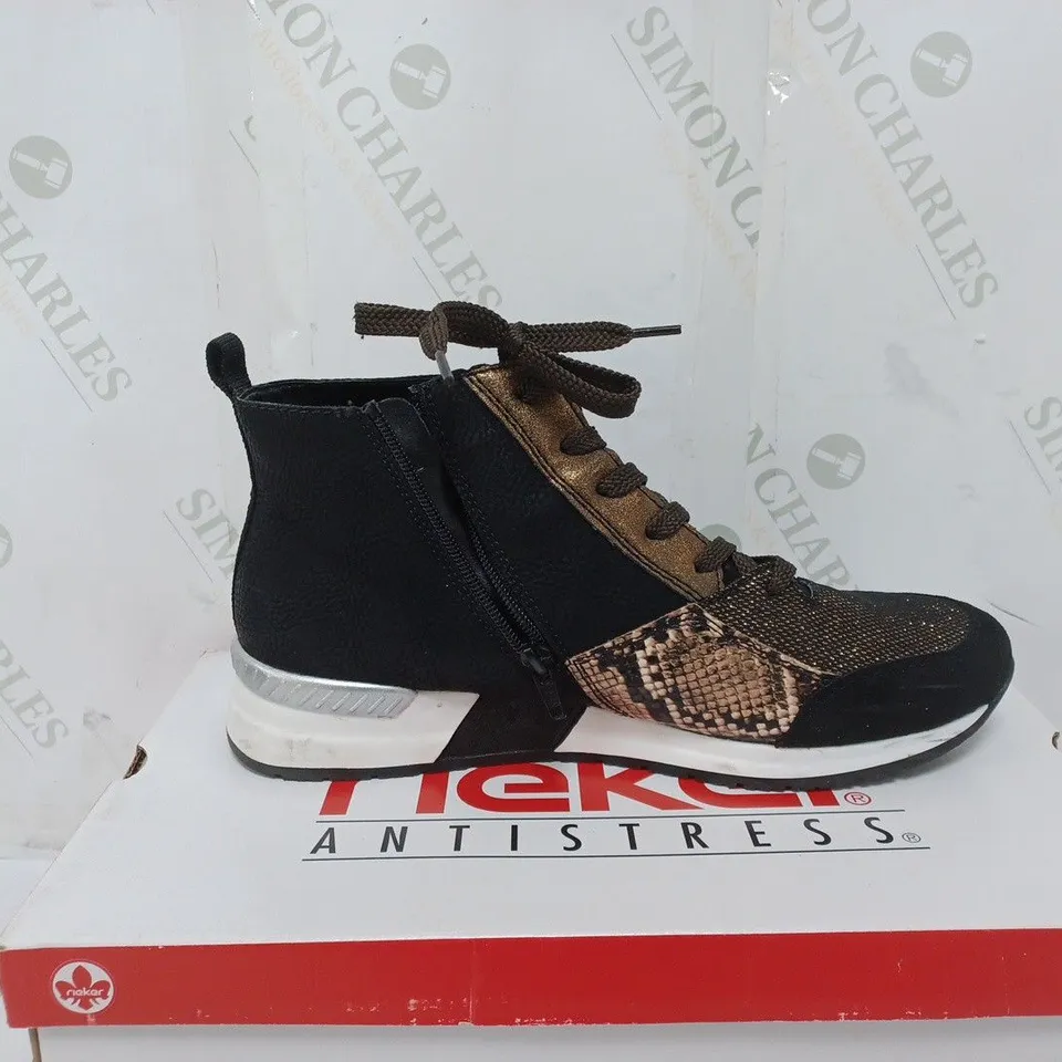 BOXED PAIR OF RIEKER HIGH TOP BOOTS IN BLACK - SIZE 8