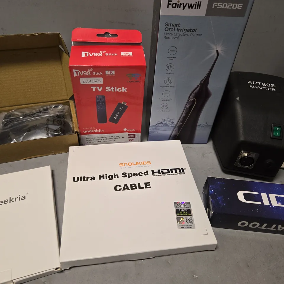 APPROX 7 ASSORTED HOUSEHOLD ITEMS TO INCLUDE DELL MOUSE, FAIRYWILL ORRIGATOR, HIGH SPEED HDMI CABLE, ETC 