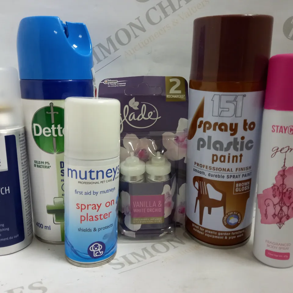 BOX OF APPROX 20 ASSORTED AEROSOLS INCLUDING DETTOL DISINFECTANT SPRAY, 151 SPRAY TO PLASTIC PAINT AND SHOEBOYS SHOE STRETCH - COLLECTION ONLY