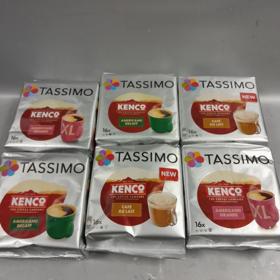 6 X SEALED TASSIMO KENCO COFFEE IN VARIOUS FLAVOURS TO INCLUDE CAFÉ AU LAIT, AMERICANO GRANDE & DECAFF 