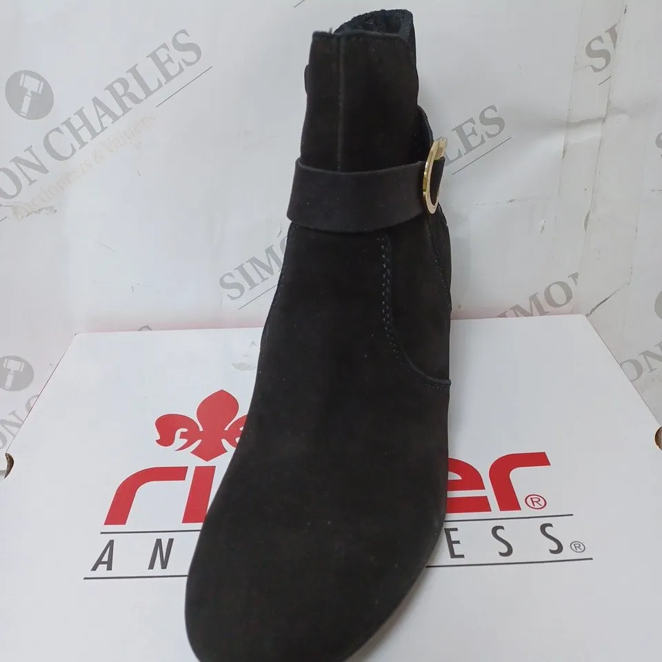BOXED RIEKER BLOCK HEEL ANKLE BOOTS, BLACK - SIZE 5