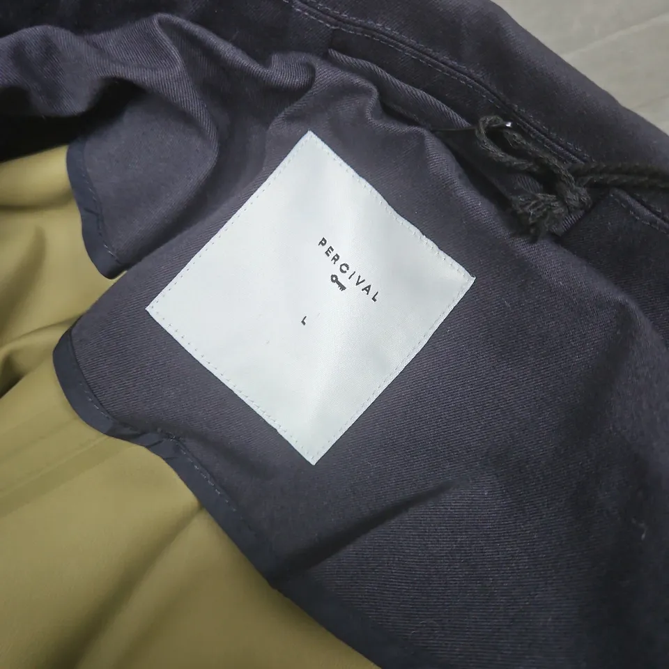 PERCIVAL MENS GREYSON LONG TRENCH COAT WATERPROOF IN MIDNIGHT WITH OLIVE - LARGE