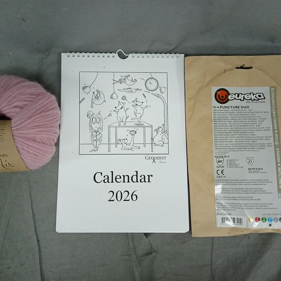BOX OF APPROXIMATELY 10 ASSORTED HOUSEHOLD ITEMS TO INCLUDE 2026 CALENDAR, KNITTING YARN, ETC
