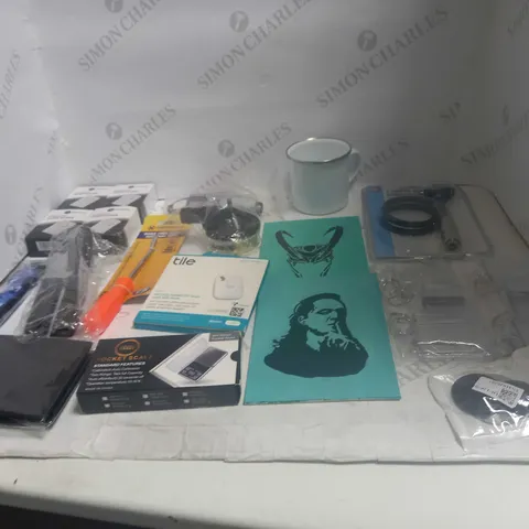 LOT OF ASSORTED HOUSEHOLD GOODS TO INCLUDE WINDOW ALERT ALARM, POCKET SCALE, AND TILE TRACKER ETC.