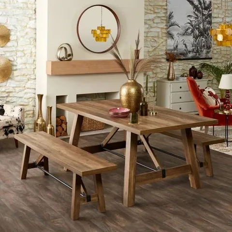 BOXED FULTON 6 SEATER RECTANGULAR DINING TABLE WITH 2 BENCHES - PINE EFFECT (1 BOX)