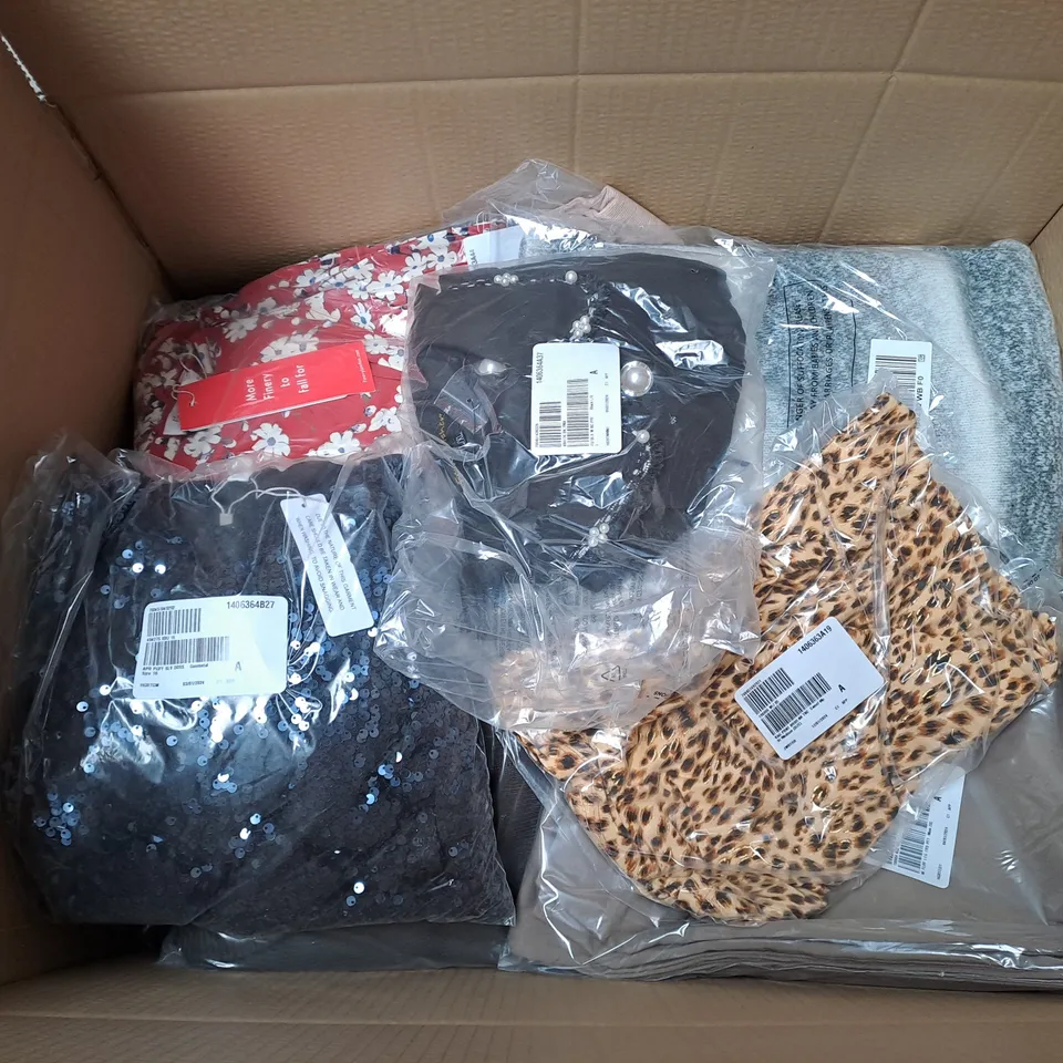 BOX OF ASSORTED CLOTHING ITEMS TOO INCLUDE COATS , TOPS, AND TROUSERS   ETC. 