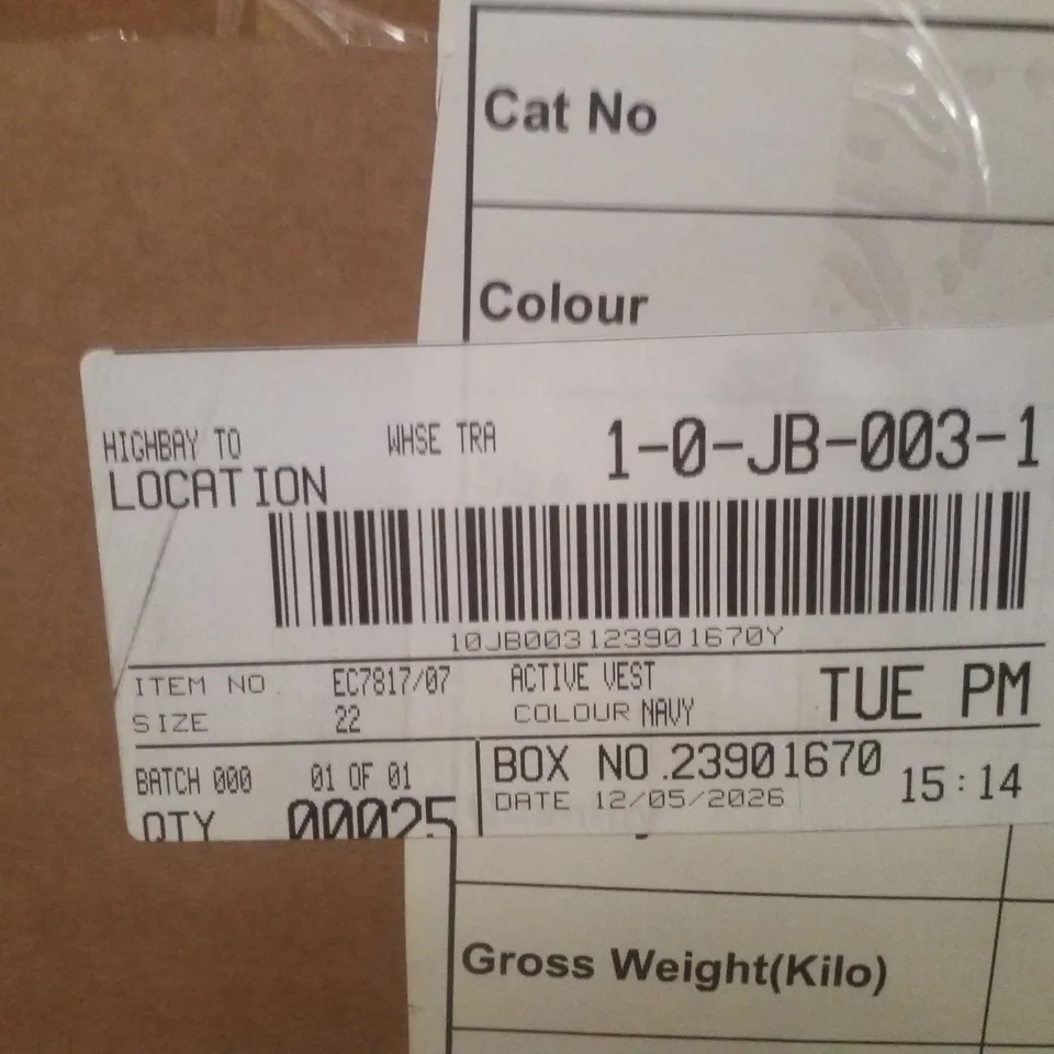 BOX CONTAINING APPROXIMATELY 25X BRAND NEW SIMPLY BE ACTIVE VESTS - COLOUR NAVY - SIZE 22