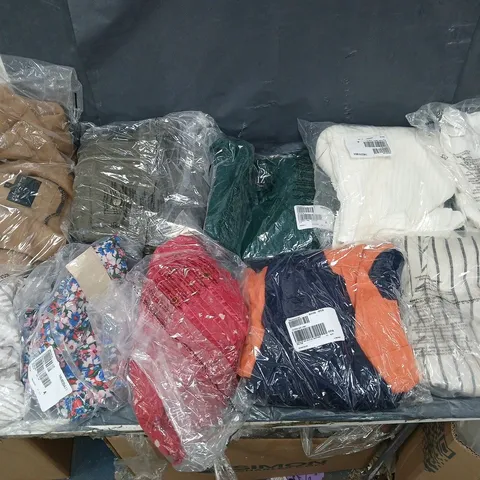 BOX OF APPROXIMATELY 10 ASSORTED PIECES OF CLOTHING IN VARIOUS STYLES, SIZES, AND BRANDS 