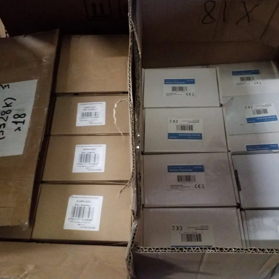 PALLET CONTAINING ASSORTED ELECTRICAL PRODUCTS INCLUDING TURNTABLE, DOORBELLS, WIRELESS THERMOSTATS, DIGITAL DOME CAMERAS & WALL MOUNTED DIGITAL TIMER