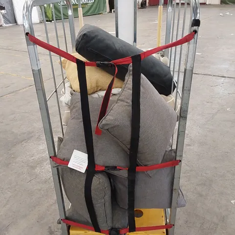 CAGE OF ASSORTED GARDEN, PATIO AND FURNITURE CUSHIONS (CAGE NOT INCLUDED)