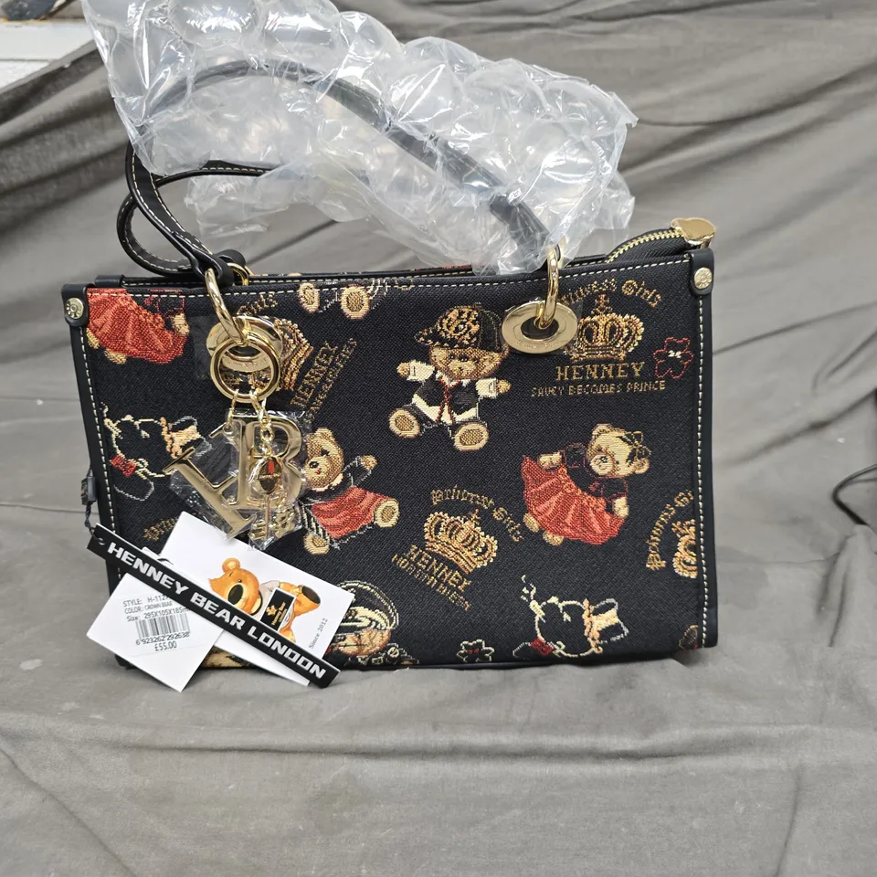 HENNEY BEAR LONDON HANDBAG WITH TEDDY PRINT – GOLD HARDWARE 