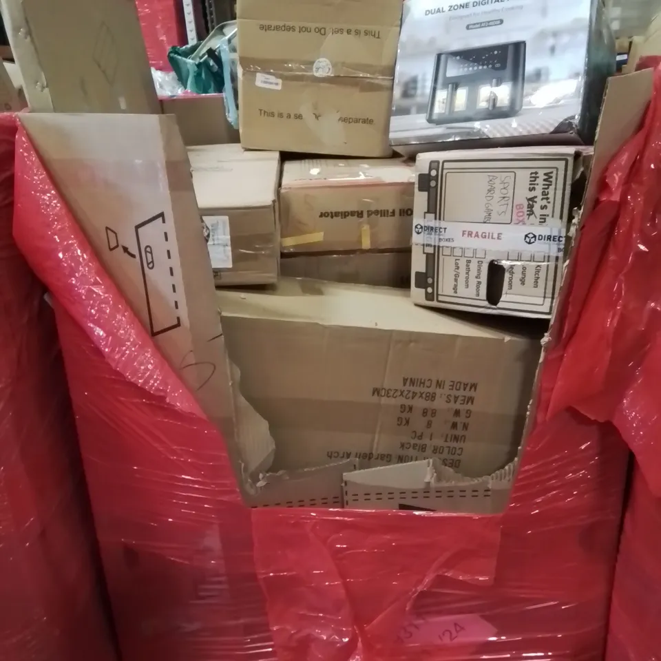 MIXED PALLET OF VARIOUS HOUSEHOLD ITEMS TO INCLUDE: KIDS SLIDE, OIL FILLED RADIATOR, DUAL ZONE DIGITAL AIR FRYER AND LOTS MORE UNMARKED BOXED ITEMS 