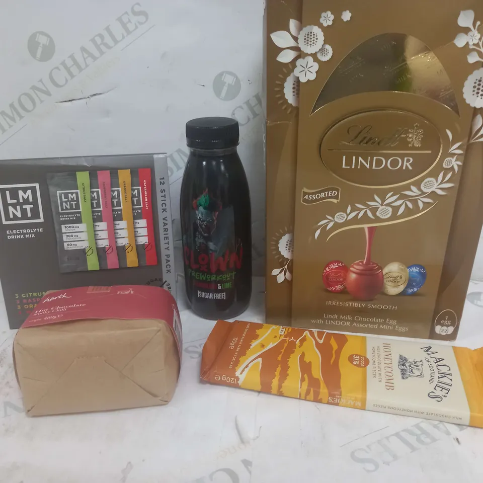 BOX OF APPROXIMATELY 10 ASSORTED ITEMS TO INCLUDE LINDOR, PRE WORKOUT, HONEYCOMB CHOCOLATE ETC