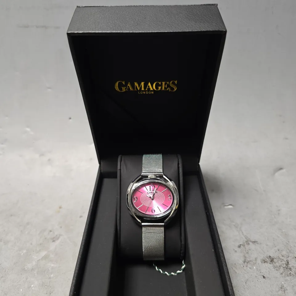 BOXED GAMAGES PINK DIAL CURLICUE SILVER WATCH 