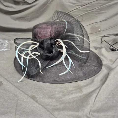 DARCIE MAE BLACK WIDE-BRIM HAT WITH NETTING AND FEATHER DETAIL