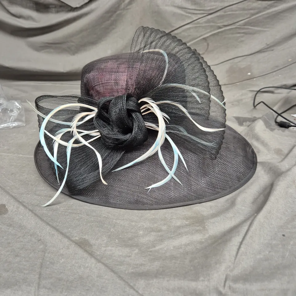 DARCIE MAE BLACK WIDE-BRIM HAT WITH NETTING AND FEATHER DETAIL