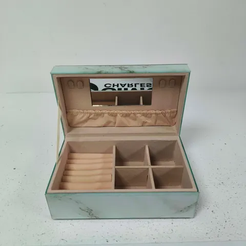 MARBLE-EFFECT JEWELLERY BOX WITH MIRROR AND RING COMPARTMENTS – MINT GREEN