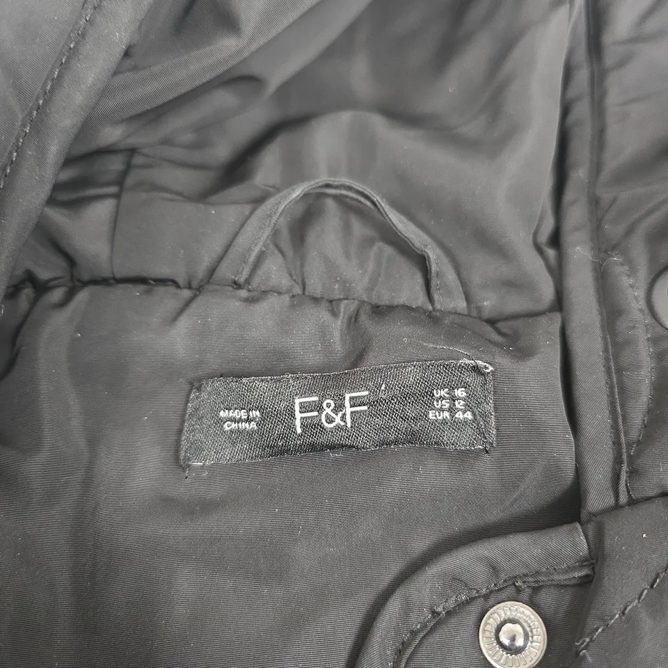F&F BLACK QUILTED HOODED COAT – WOMEN'S, UK 16