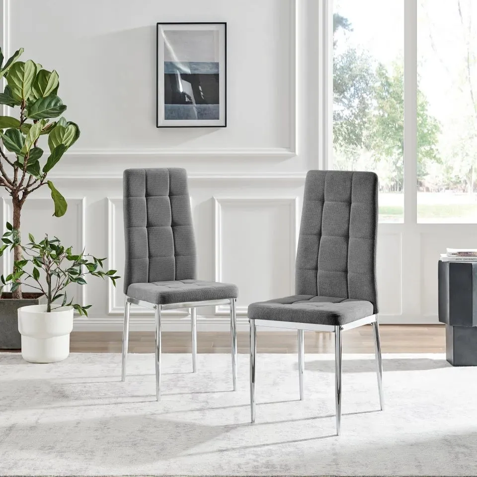 BOXED SET OF 2x PALOMA GREY FABRIC DINING CHAIRS SILVER LEGS