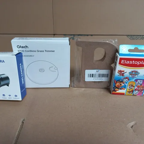 APPROXIMATELY 15 ASSORTED HOUSEHOLD PRODUCTS TO INCLUDE WIFI CAMERA, ELASTOPLAST PAW PATROL PLASTERS AND A GTECH ST20 CORDLESS GRASS TRIMMER HUB ASSEMBLY