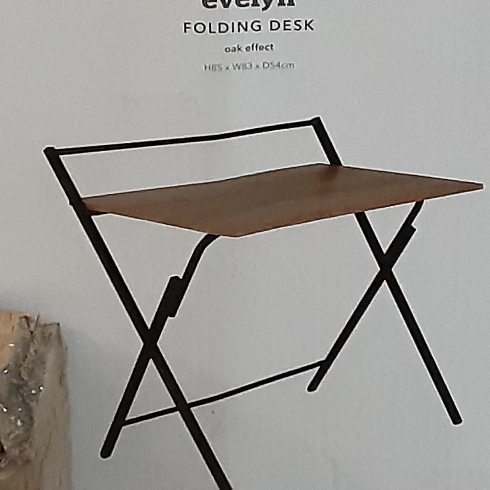 BOXED EVELYN FOLDING DESK IN OAK EFFECT , H85 X W83 X D54CM 