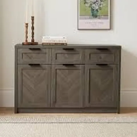 BOXED CHEVRY 3 DOOR, 3 DRAWER SIDEBOARD - DARK OAK (1 BOX)