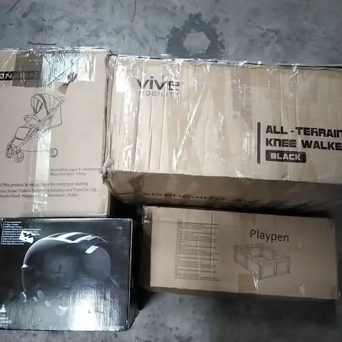 PALLET OF HOUSEHOLD ITEMS TO INCLUDE TOASTER, PLAY PEN, STROLLER AND ALL TERRAIN KBEE WALKER ECT