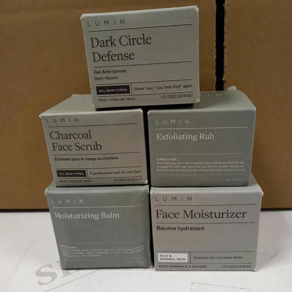 SET OF 5 LUMIN ITEMS TO INCLUDE DARK CIRCLE DEFENSE, FACE MOISTURISER AND EXFOLIATING BALM