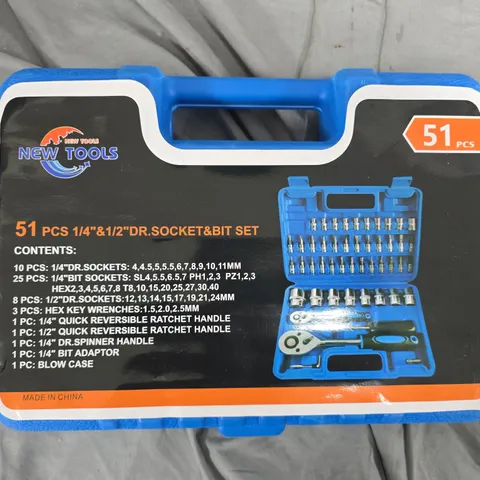 51-Piece Socket & Bit Set (1/4" & 1/2" Drive) – Blue Case (New Tools)