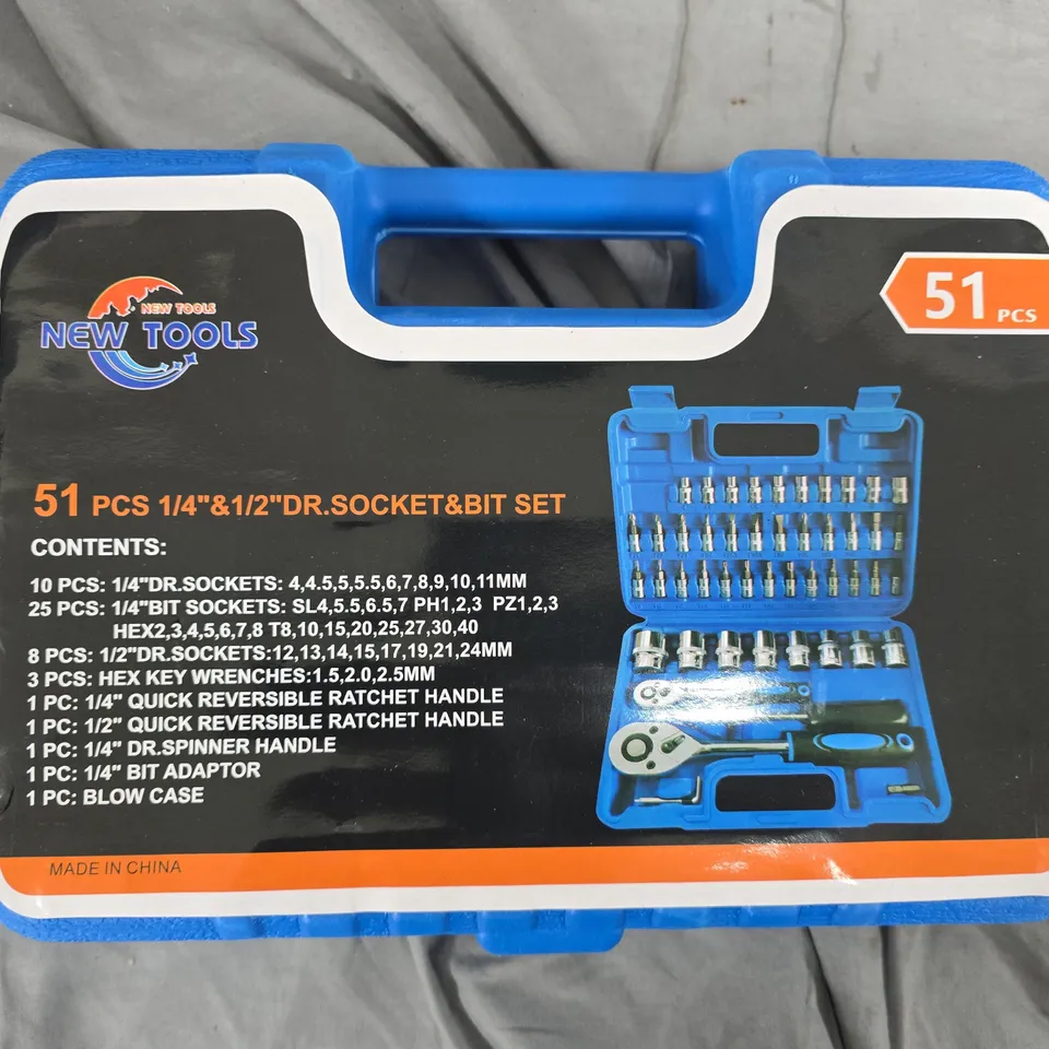 51-Piece Socket & Bit Set (1/4" & 1/2" Drive) – Blue Case (New Tools)