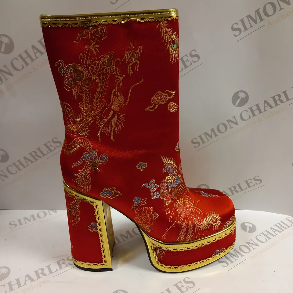 PAIR OF  KOI FOOTWEAR THE ORNATE SOUL PLAYBOY RED HEELED BOOTS - 6