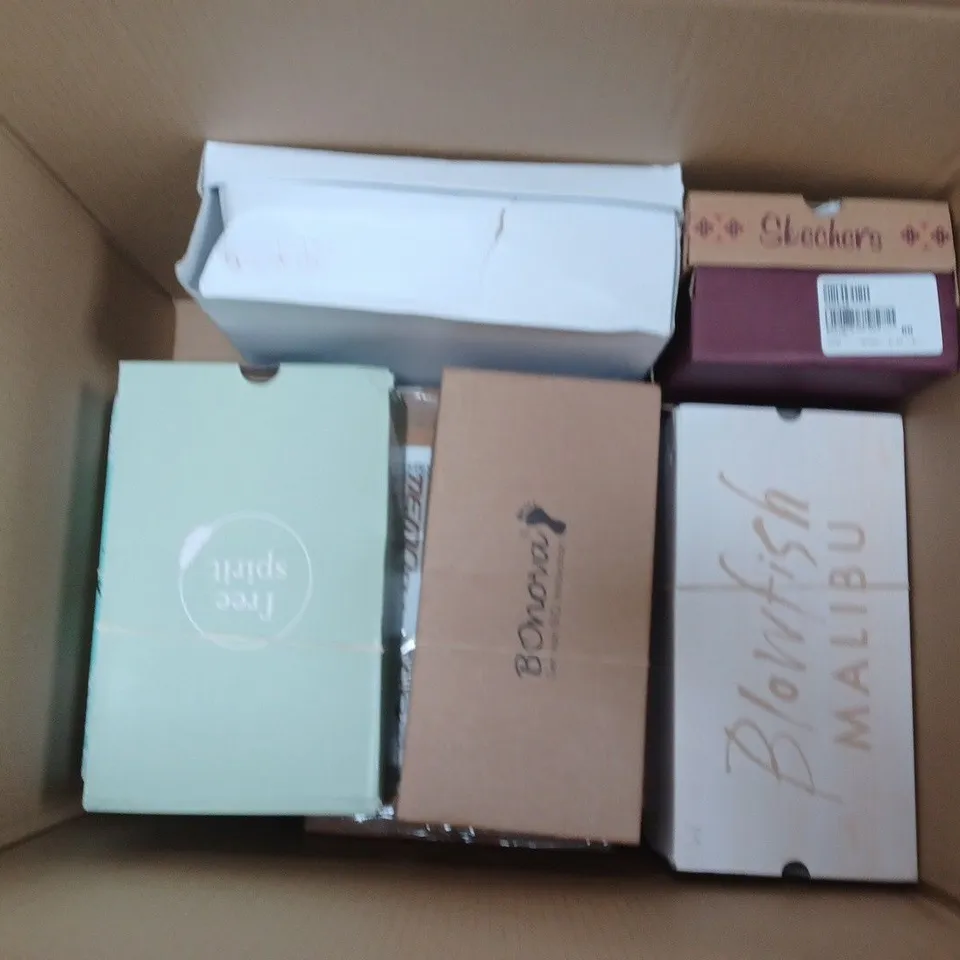 BOX OF APPROX. 10 PAIRS OF SHOES IN DIFFERENT SIZES AND DESIGNS  