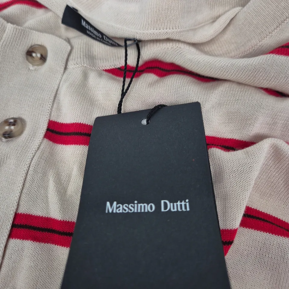 MASSIMO DUTTI STRIPED KNIT POLO SHIRT, UK S – BEIGE WITH RED STRIPES